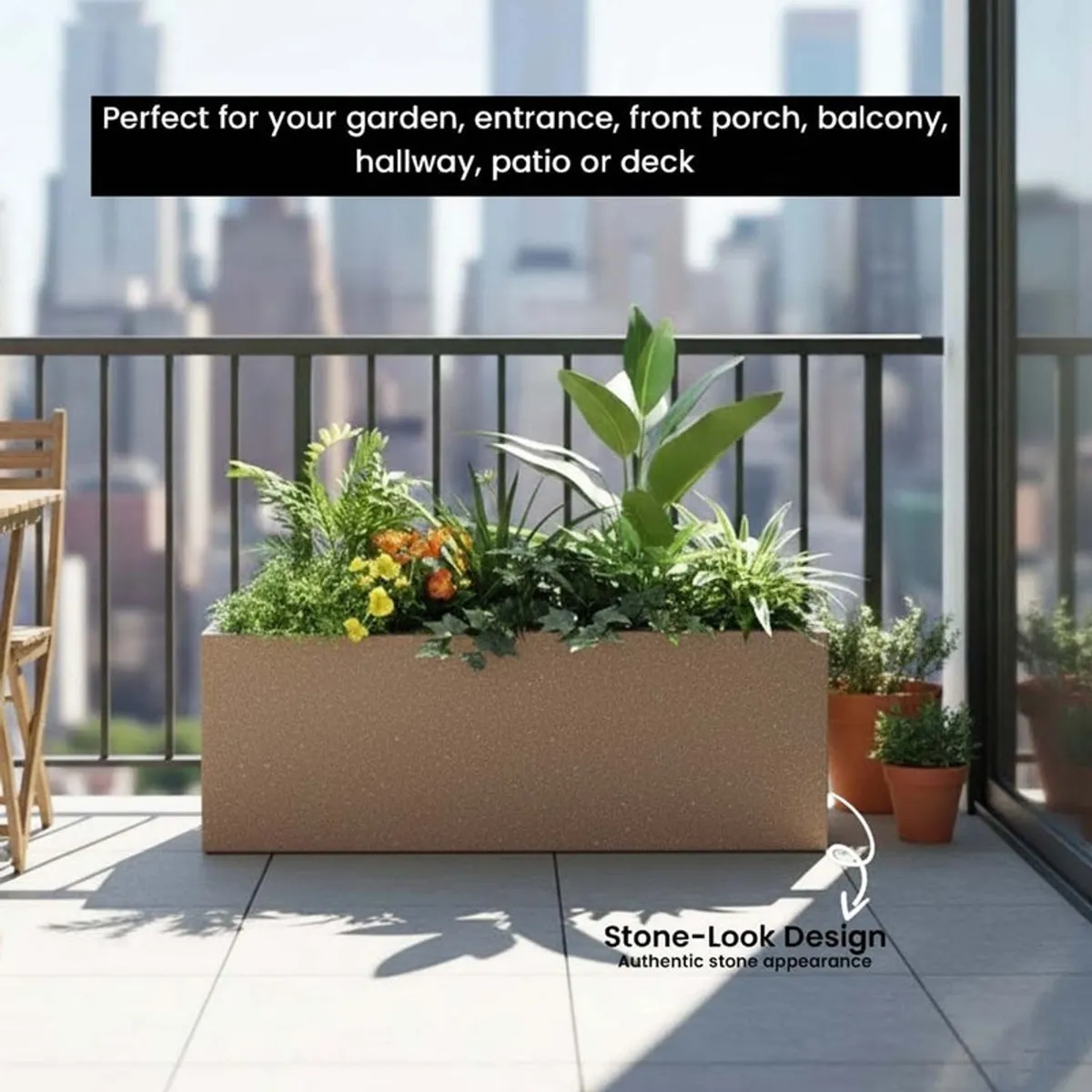 Brown rectangular planter filled with greenery on a balcony.