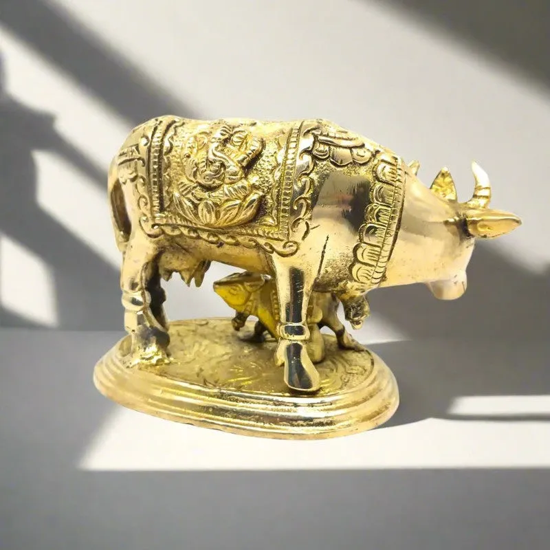 Kamadhenu Cow and Calf Brass Showpiece - Gold media 4