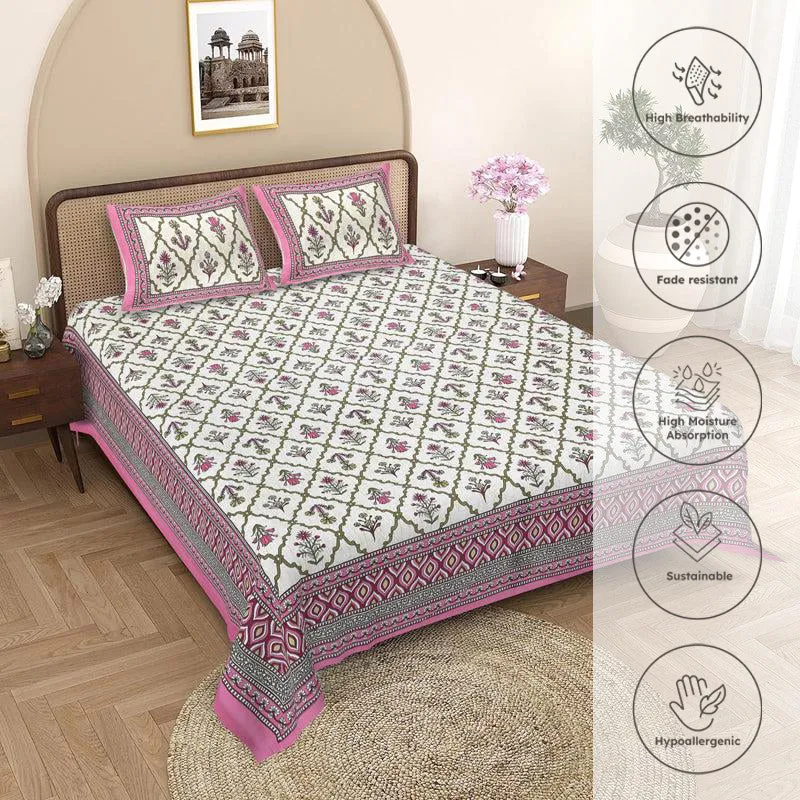 Adhira Ethnic Cotton Bedsheet (Pink,White) - 180 TC media 3