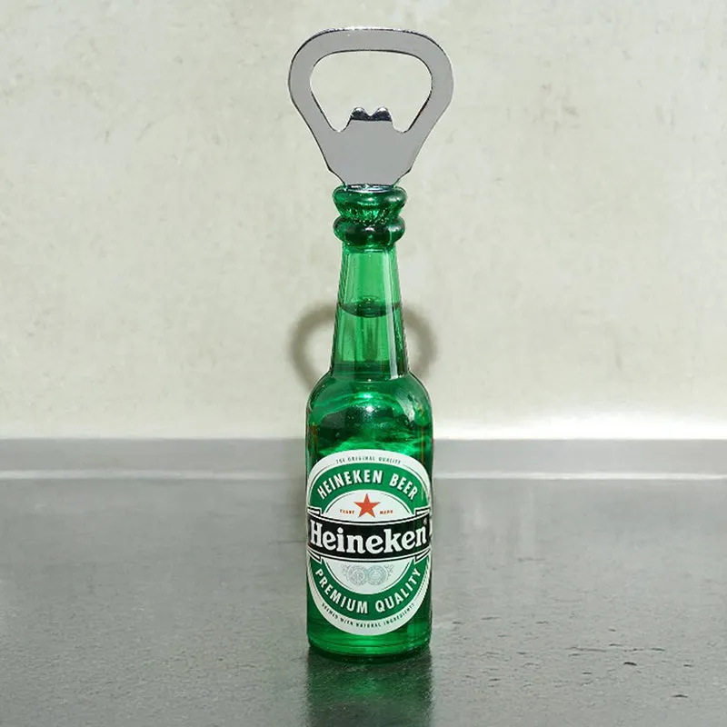 Front view of green Heineken mini bottle opener on a countertop