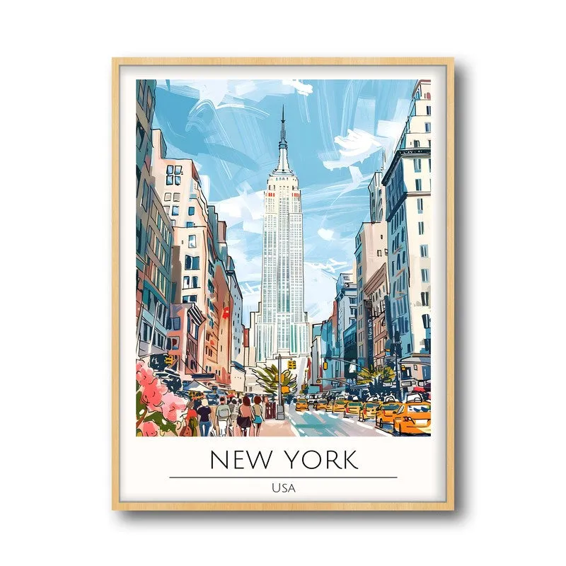 Vintage New York Framed Canvas Archival Canvas Wall Painting - Natural Brown Frame media 5