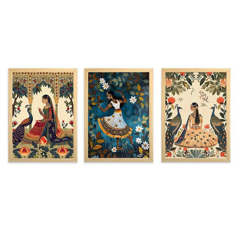 Mayura Sundari Mughal Wall Art With Frame (Blue) - Set Of Three media 6