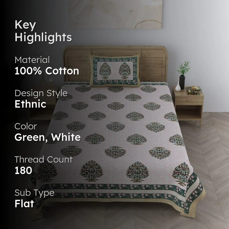 Bedsheet highlight image with material, colour and thread count text overlay