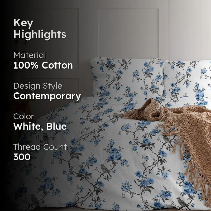Cherry Blossom Printed Cotton Duvet Cover - White, Blue media 2