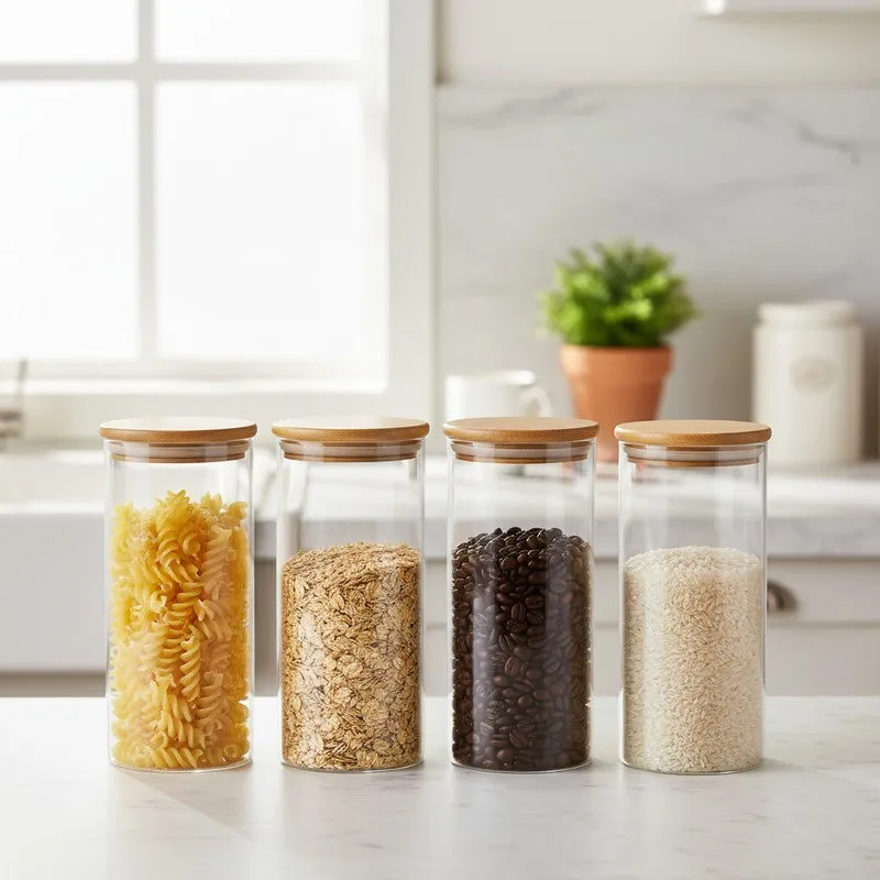 Four clear cylindrical glass jars with natural bamboo lids arranged on a kitchen counter.