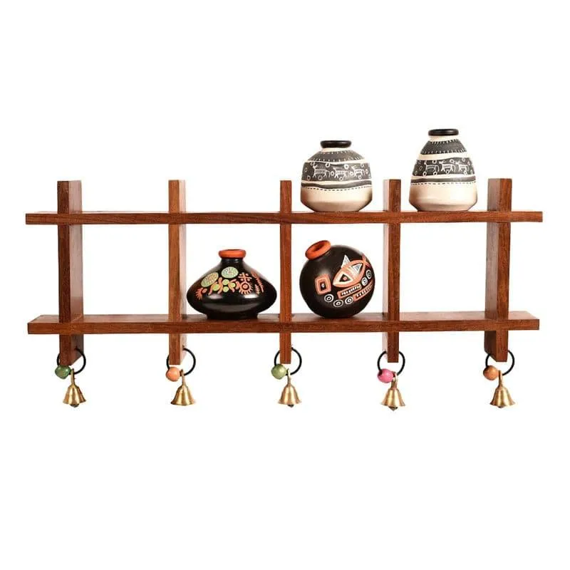 Pelu Grided Wooden Wall Shelf With Warli Pot - Five Piece Set media 4