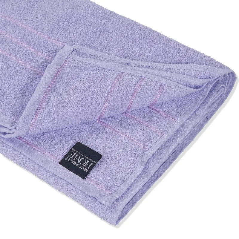 Close-up of folded lavender towel with border detailing