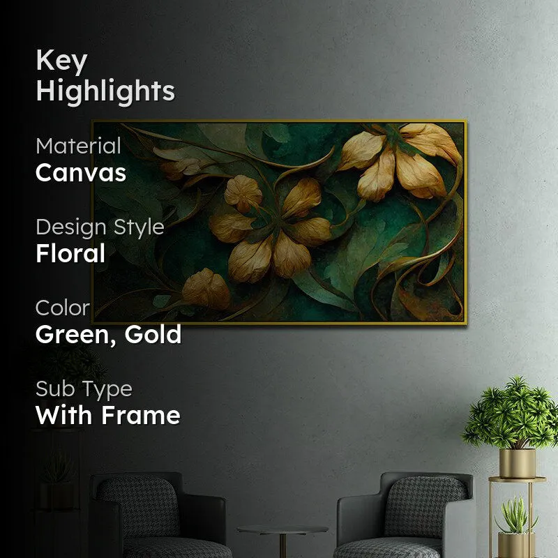 Verdure Golden Petals Floral Canvas Wall Painting With Frame - Gold media 2
