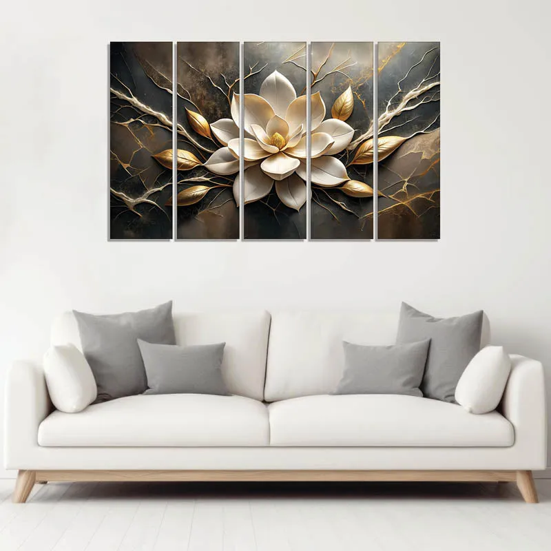 White Lotus Wall Painting - Set Of Five media 1