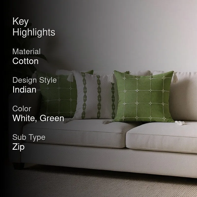 Urban Space SoftWeft White,Green Cotton Cushion Cover Set -  Set of Three media 2