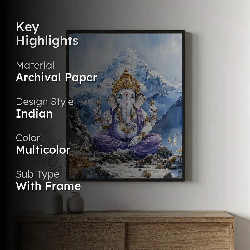 Ganapati Of The Heights Spiritual Archival Paper Wall Painting With Frame - Black media 2