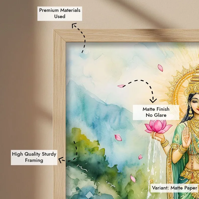 Divine Gaja Lakshmi Spiritual Archival Paper Wall Painting - Natural Brown Frame media 6