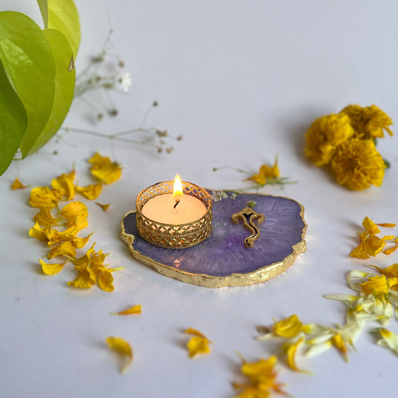 Ganesha Handcrafted Agate Tealight Candle Holder - Purple