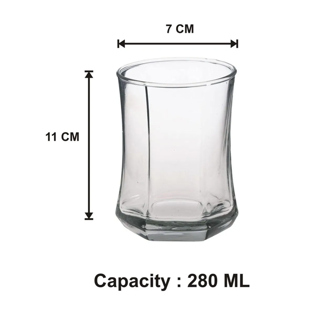 Transparent glass tumbler shown front-facing on a white background