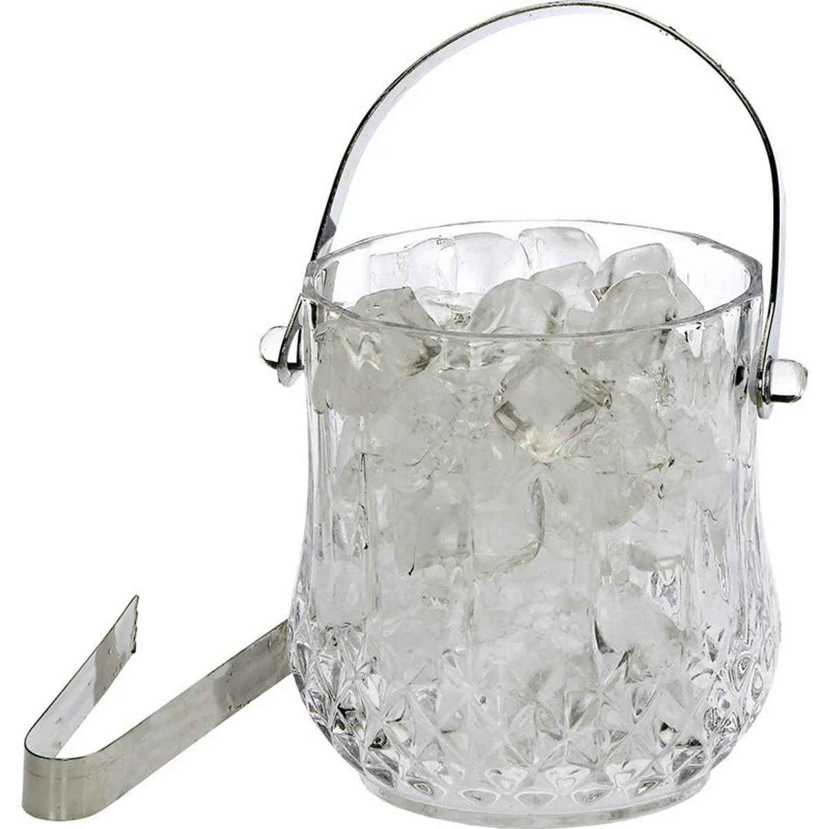 Close view of transparent glass ice bucket with metal handle and tongs