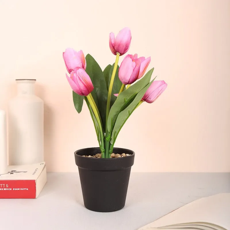 Artificial Tulip Flower Plant With Black Plastic Pot - Pink media 3