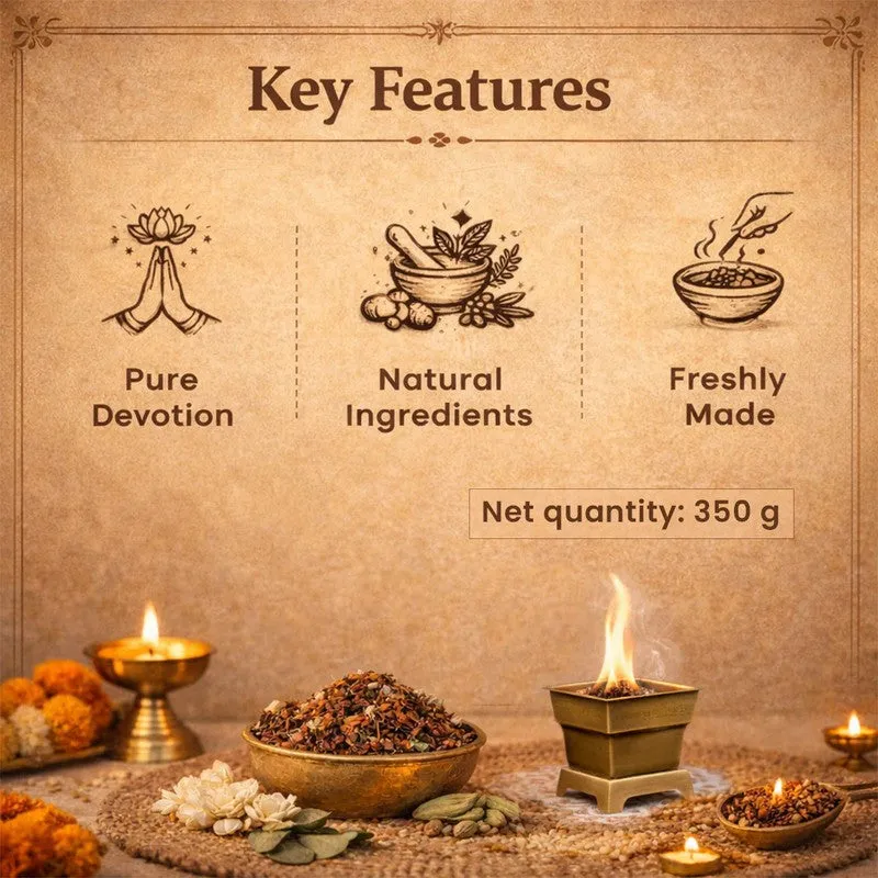 Loose havan samagri in bowls with a lit havan vessel and lamps