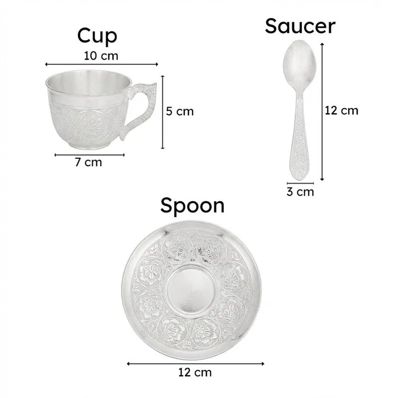 Luxury German Silver Tea Cup & Saucer Set with Spoon (150 mL) - Set of Three media 5