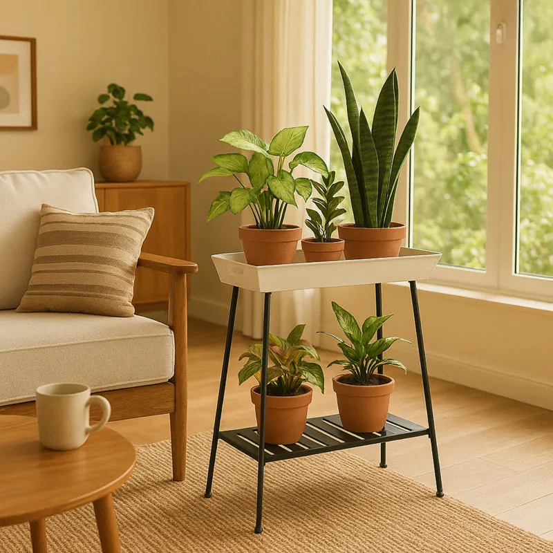 Black and white plant stand displaying potted plants beside a bright window