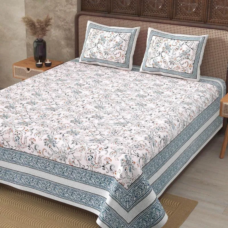 Aari Floral Cotton Bedsheet (Blue) - 130 TC media 3