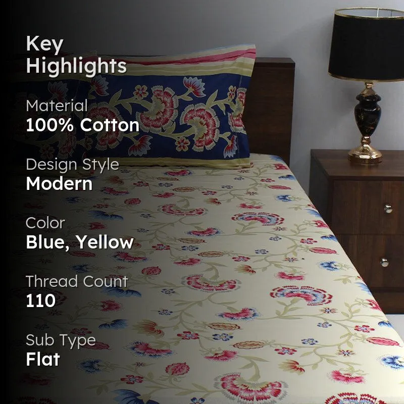 Siya Floral Cotton Bedsheet (Blue,Yellow) - 110 TC media 2