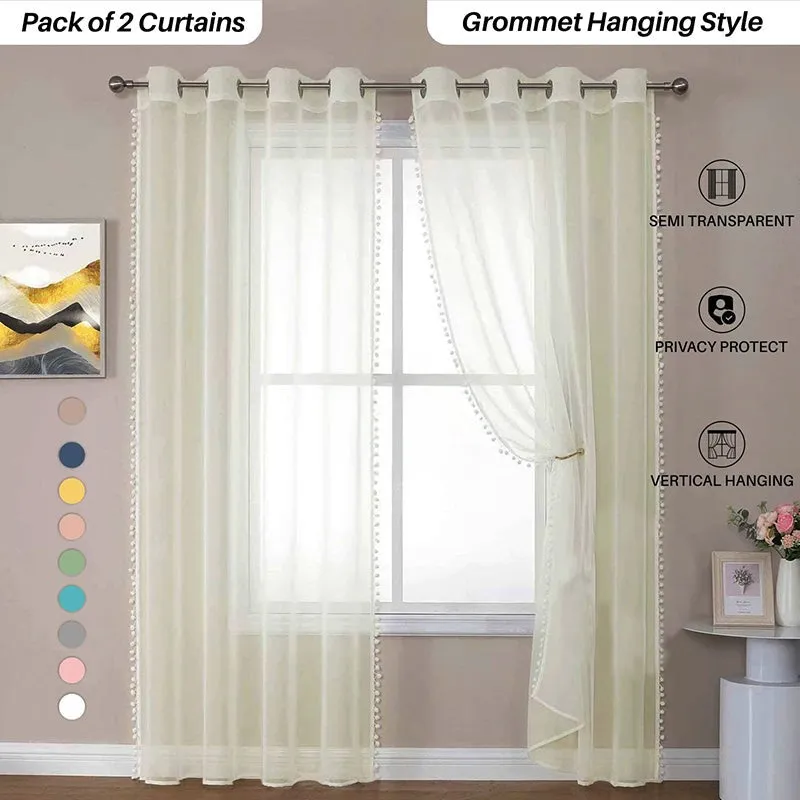 Urban Space Curtain With Pom Pom (Buttercream) - Set Of Two media 6