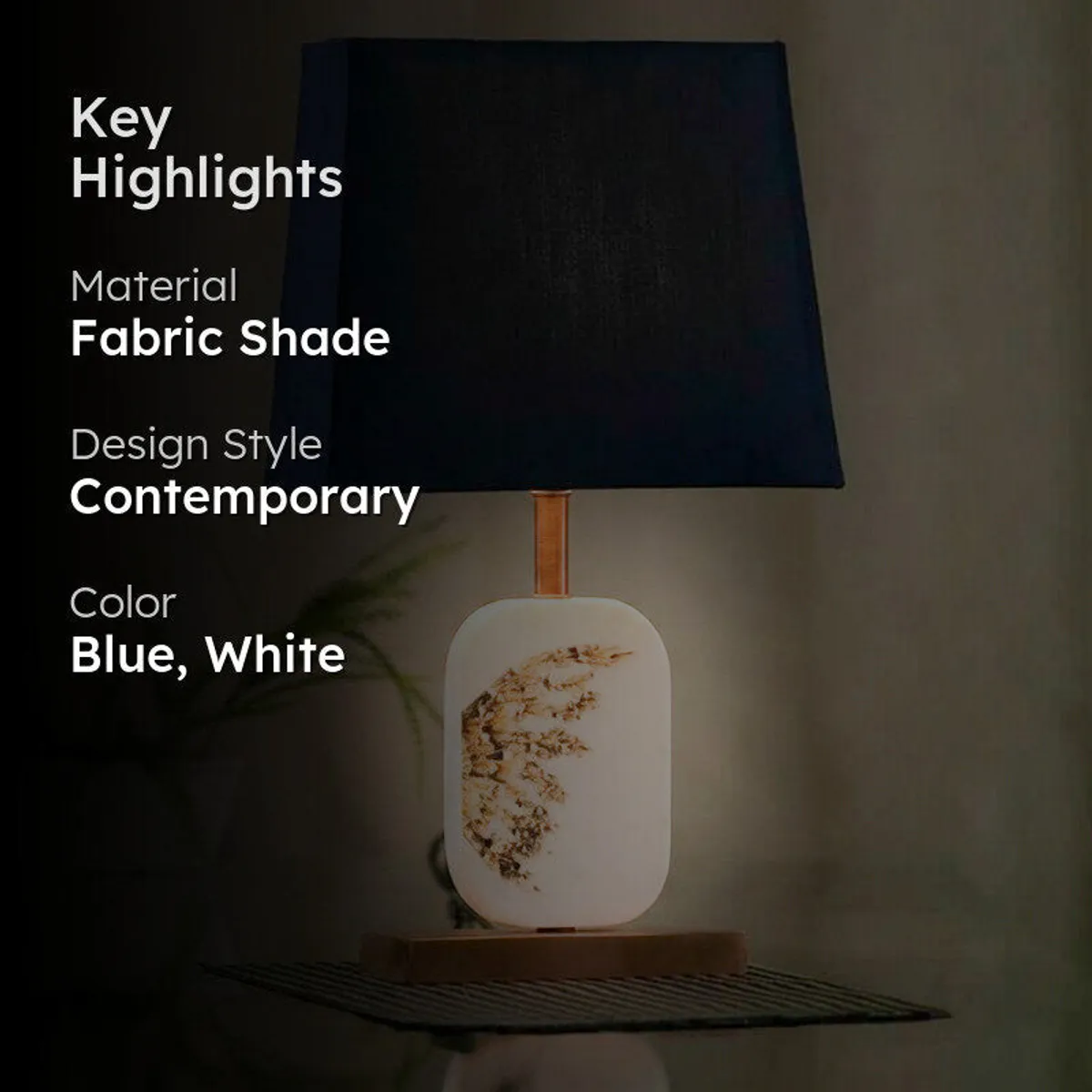 Blue and white contemporary table lamp with key highlights graphic