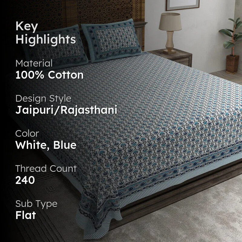 Blossomis Cotton Bedsheet (White,Blue) - 240 TC media 2