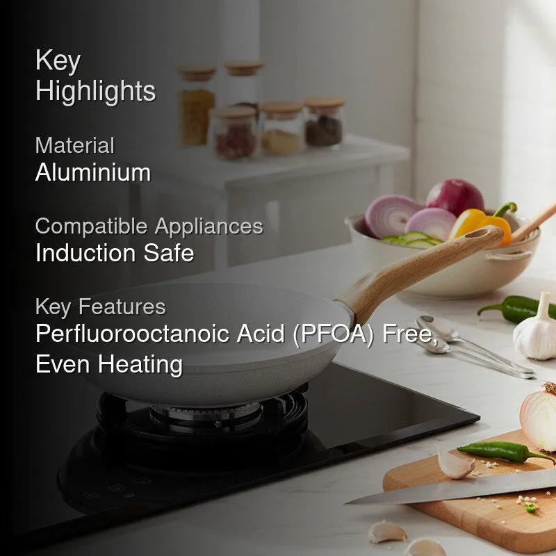White frying pan displayed in a modern kitchen setting