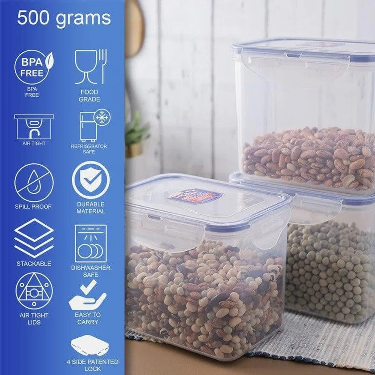 Three transparent food containers filled with pulses in a kitchen setting.