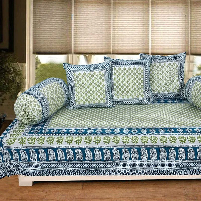 Mouparna Printed Diwan Set (Blue) - Six Piece Set media 1