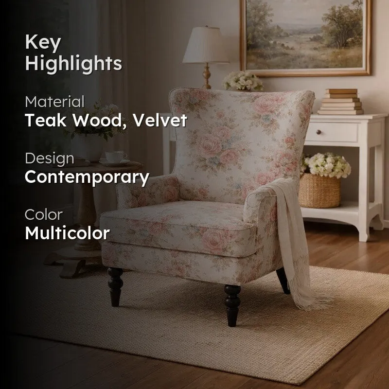 Blush Rose Teak Wood & Velvet Botanical Lounge Chair media 2