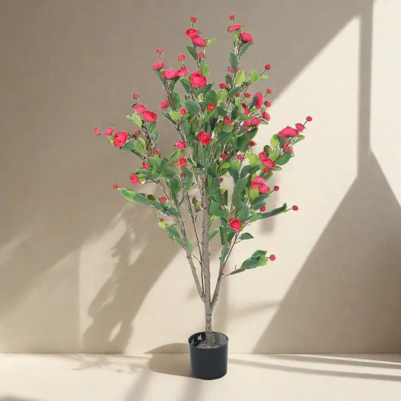 Faux Minio Camelia Rose Plant With Black Plastic Pot (3.94 ft) - Dark Pink media 5