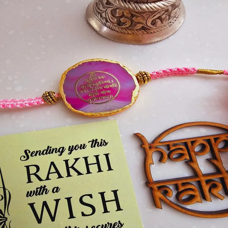 Gayathri Mantra Pink Agate Rakhi Gift Set media 3
