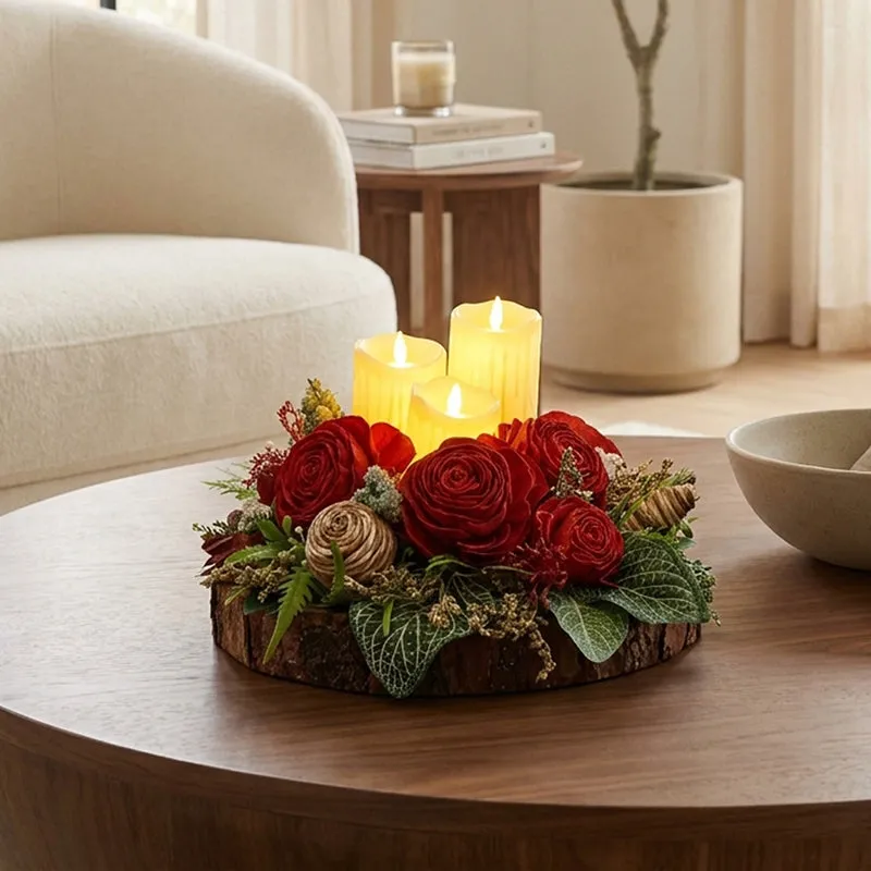 Battery candle floral tray styled on a living room coffee table