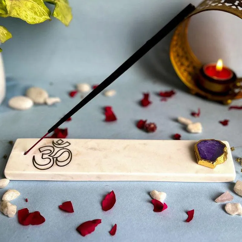 Om Marble Incense Holder With Agate Plating - Purple media 1
