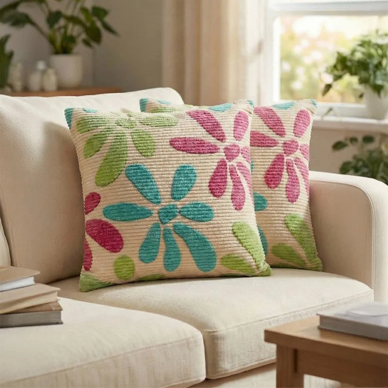 FloralGrace Cushion Cover (Teal, Maroon) - Set Of Two media 2