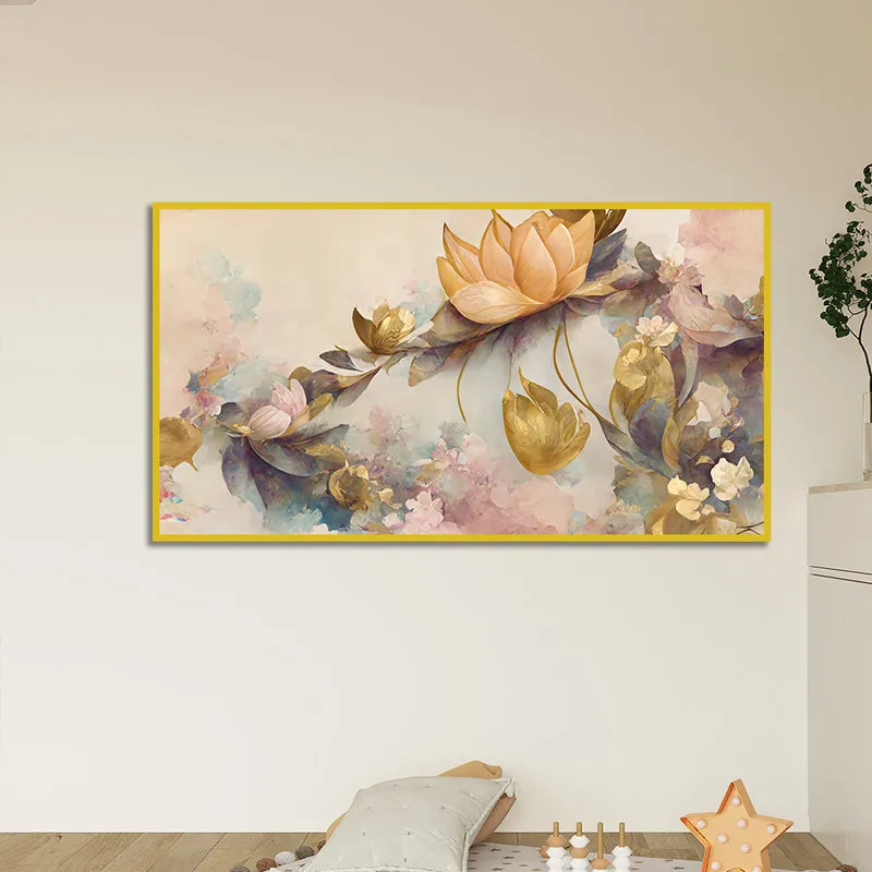 Lotus Of Whimsy Floral Canvas Wall Painting With Frame - Gold media 6