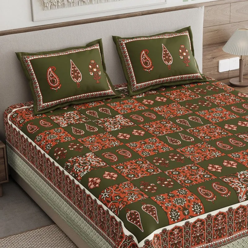 Jaipur Charm Cotton Bedsheet (Olive Green,Maroon) - 120 TC media 3