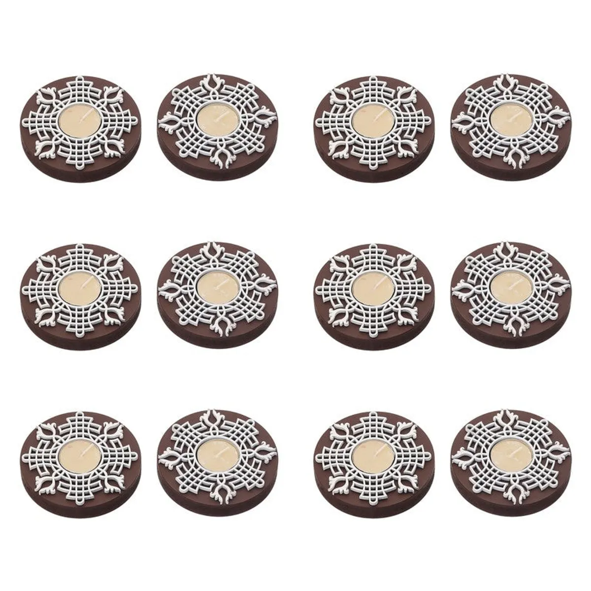 Twelve matching round tea light holders shown on a white background