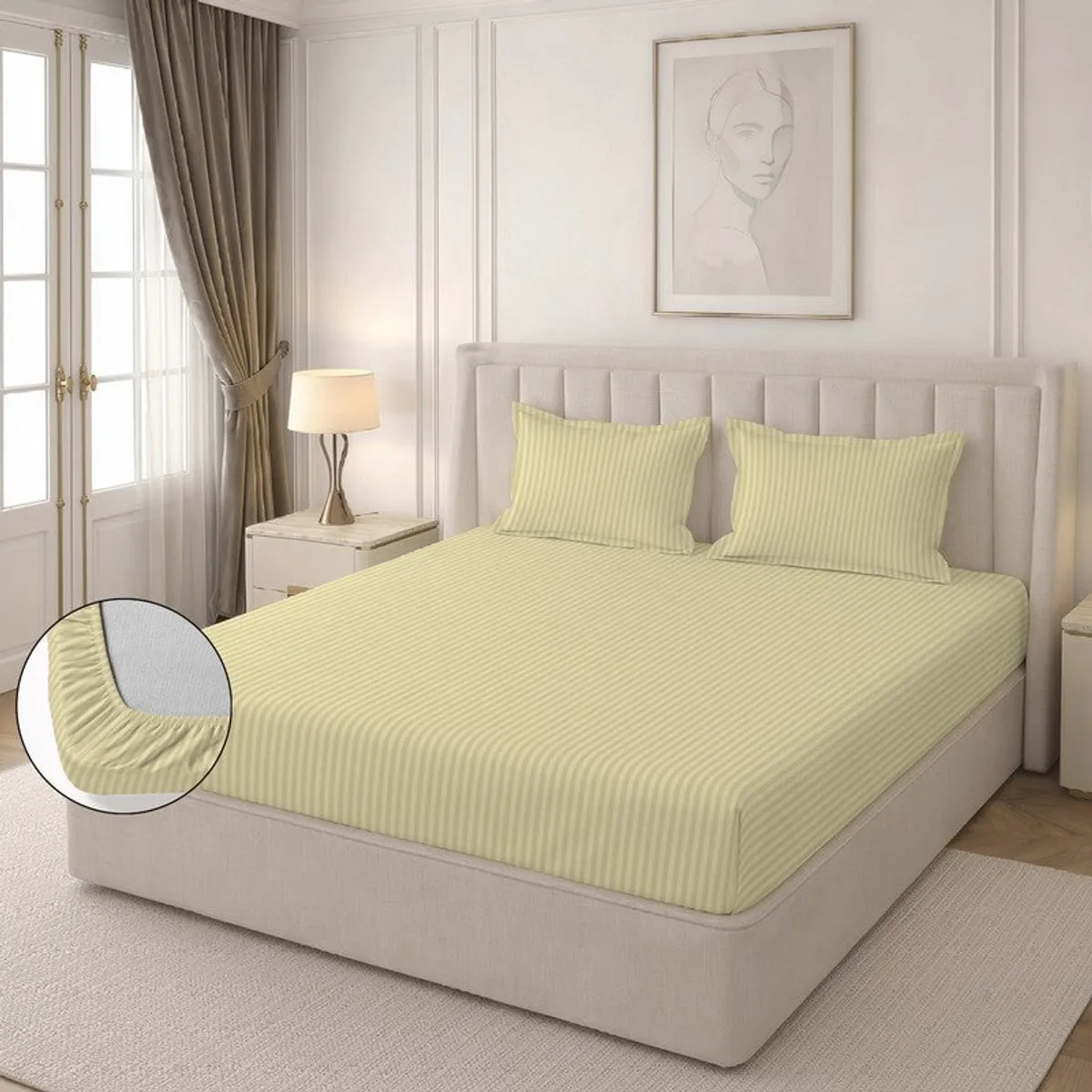 Beige striped fitted bedsheet on a bed with two pillow covers and elastic edge inset.
