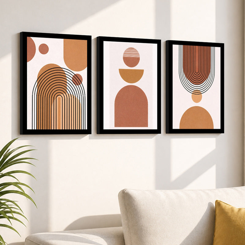 Moderae Abstract Geometric Wall Painting With Frame - Set Of Three