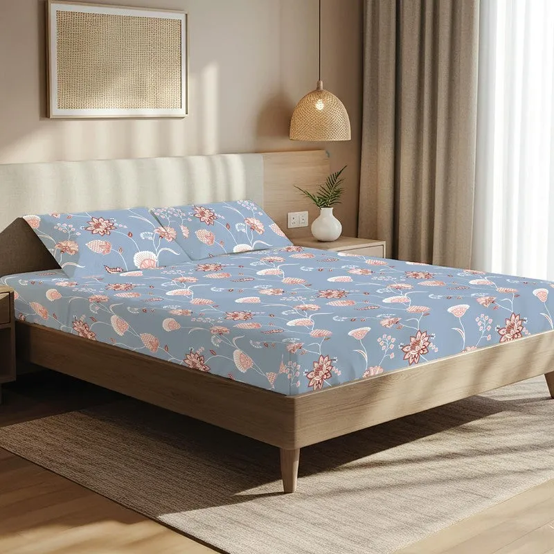 Azure Bloom Floral Cotton Bedsheets (Blue) - 200 TC media 1