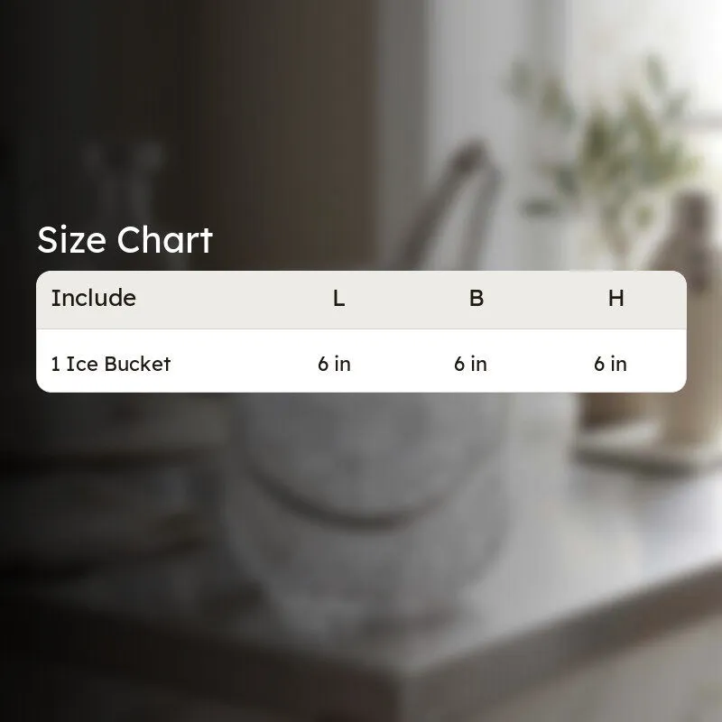 Glass ice bucket shown with a size chart overlay
