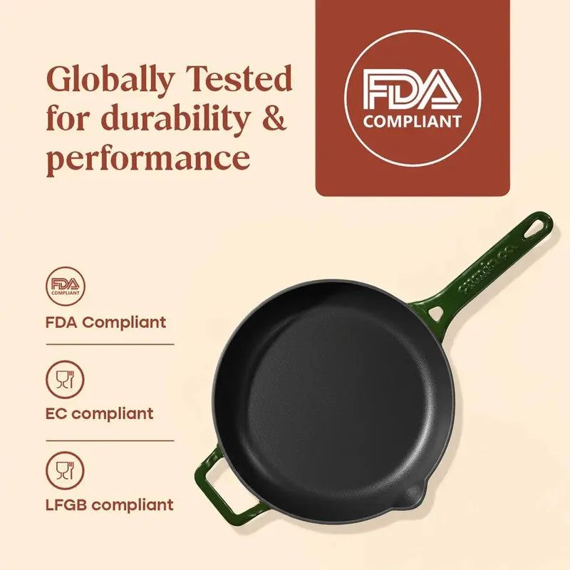 Open green frying pan shown with FDA, EC and LFGB callouts