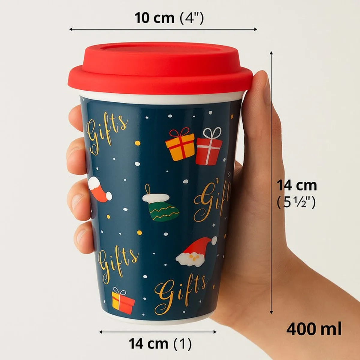 Blue festive coffee mug with red lid shown against a light background