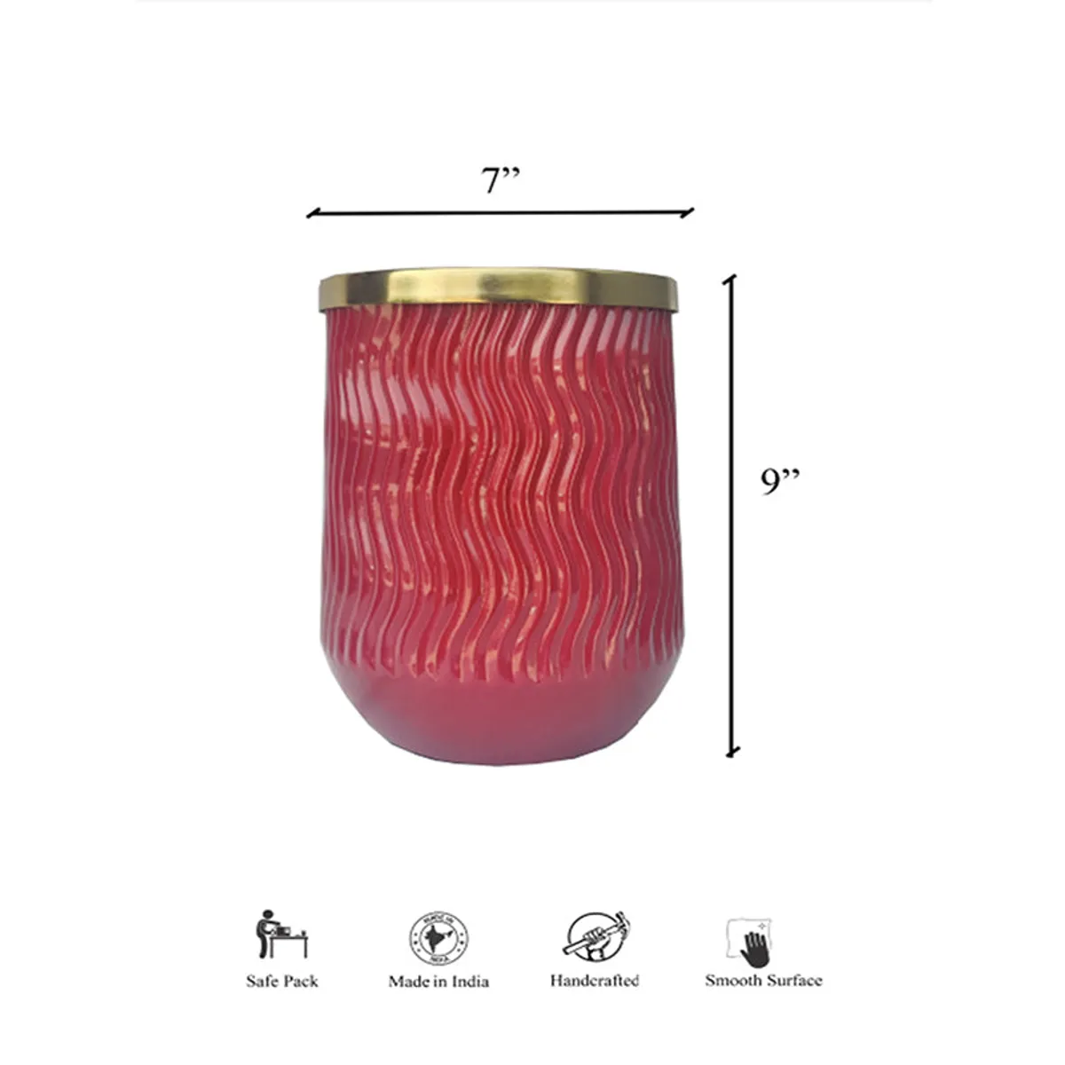 Red cylindrical vase with a gold-toned rim on a white background