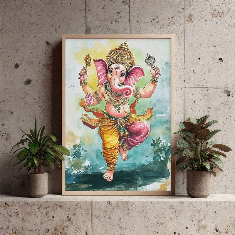 Nritya Ganesha Spiritual Archival Paper Wall Painting - Natural Brown Frame media 3