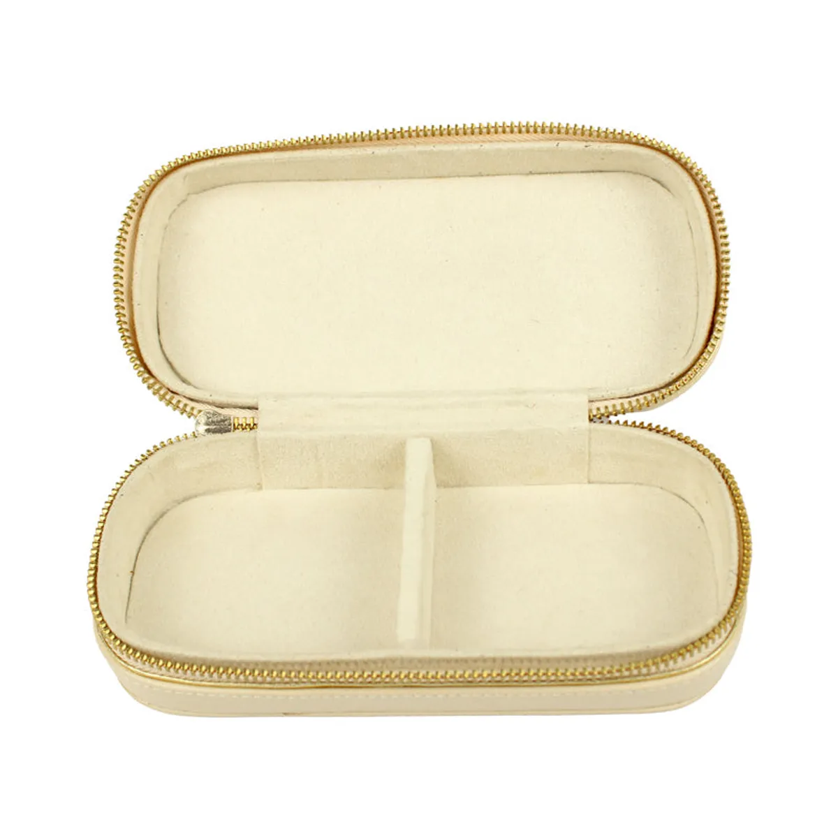 Open ivory jewel box showing a divided storage interior and zip edging