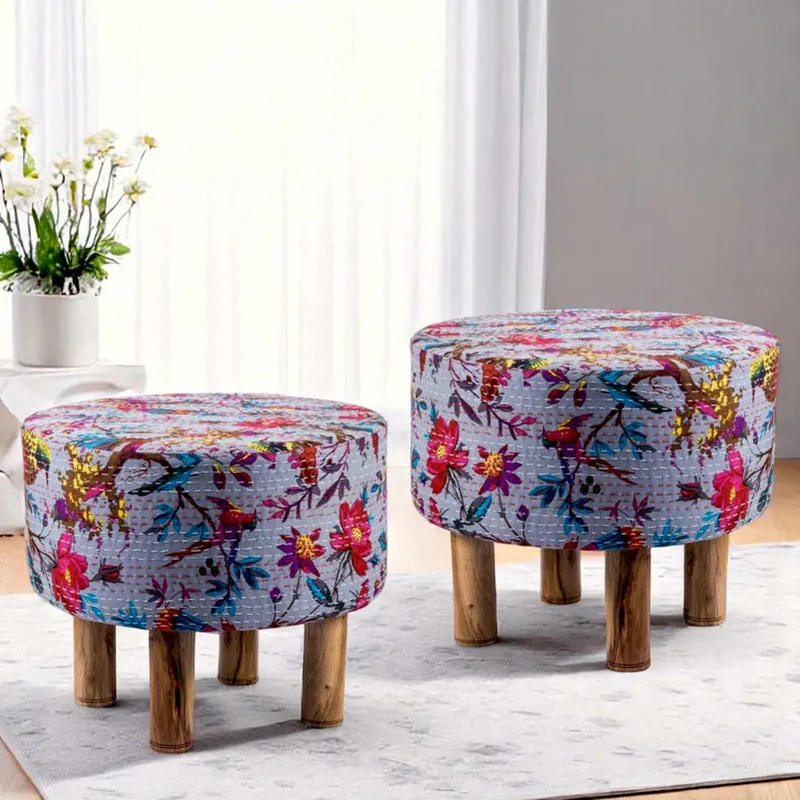Kverix Acacia Wooden Ottomans (Grey) - Set Of Two media 1